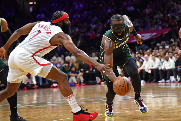 Boston Celtics guard Jaylen Brown, Philadelphia 76ers guard James Harden